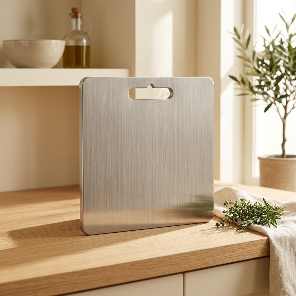 Cutgleam™ Stainless Steel Cutting Board in a calm home setting