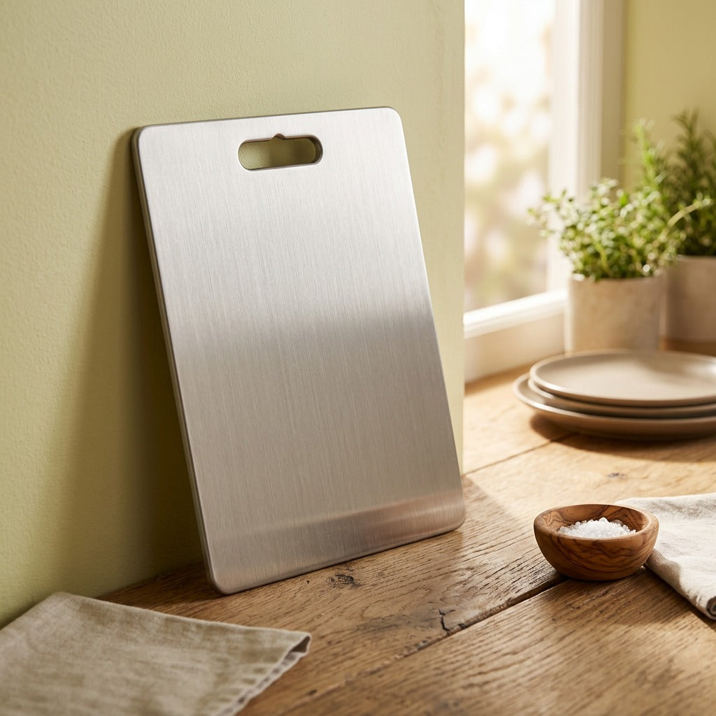 Cutgleam™ Stainless Steel Cutting Board, styled close view