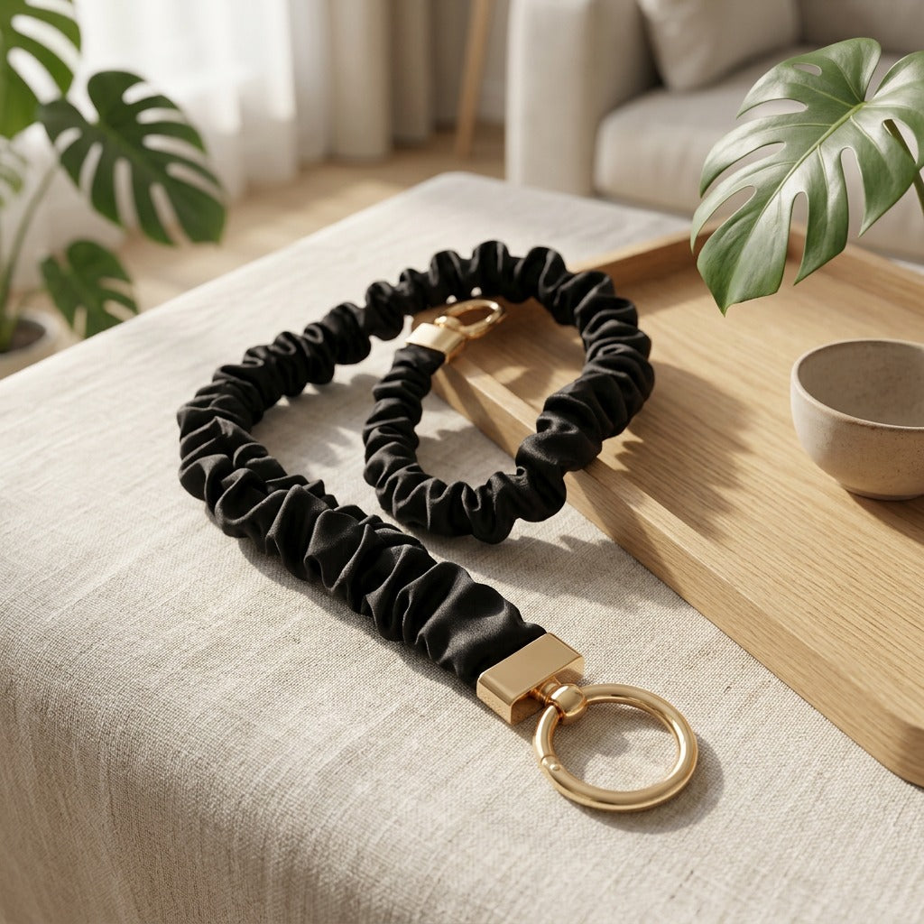 Satinkeeper™ Elastic Satin Phone Lanyard in a calm home setting