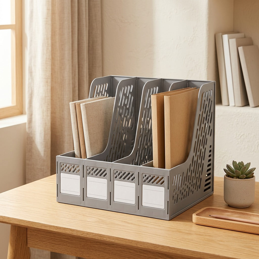 Filefour™ Four-Column Plastic File Rack in a calm home setting