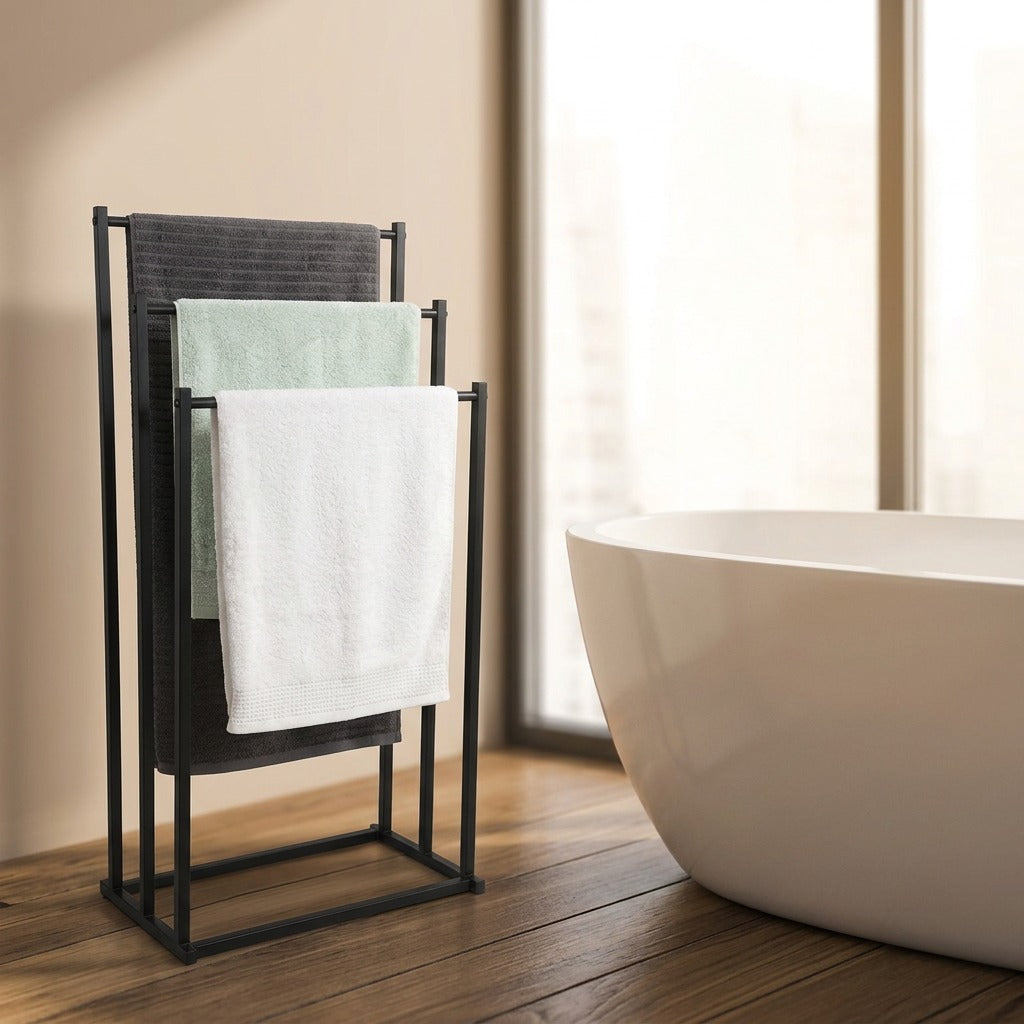 Bathstack™ 3-Tier Iron Bathtub Towel Rack, styled close view