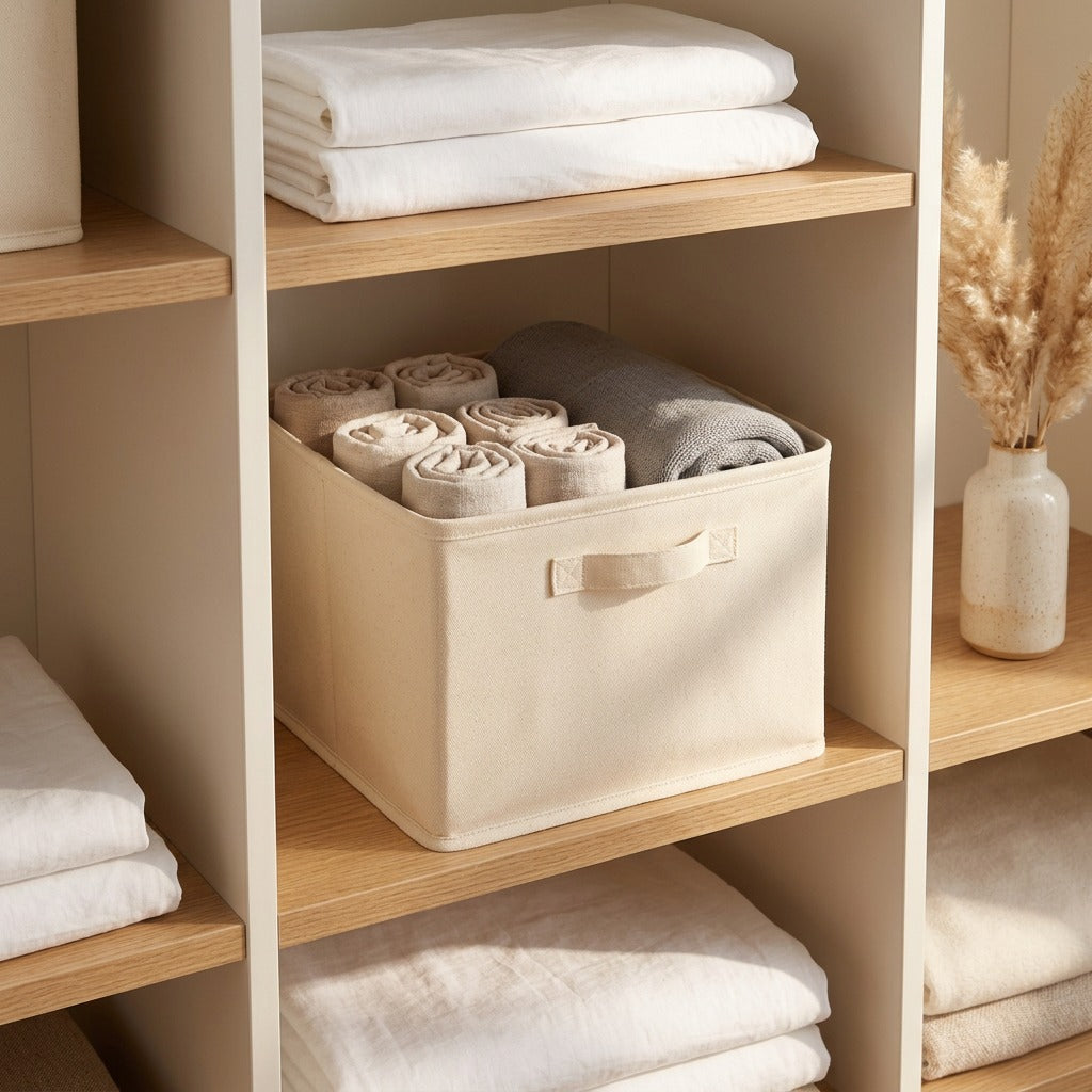 Canvaskeep™ Foldable Canvas Storage Box in a calm home setting