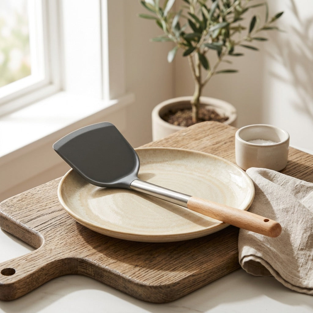Stirwood™ Silicone Spatula With Wooden Handle in a calm home setting