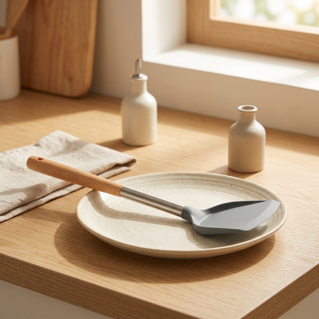 Stirwood™ Silicone Spatula With Wooden Handle, styled close view