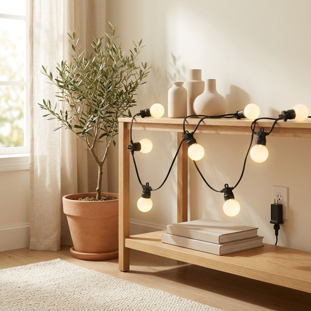 Gloworbit™ G50 Low Voltage String Lights in a calm home setting