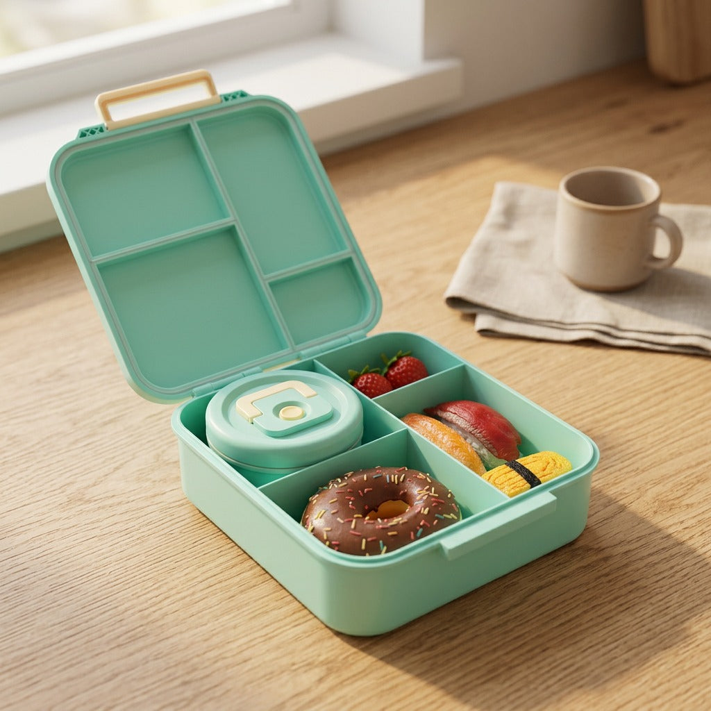 Soupkeep™ Square Plastic Lunch Box With Soup Cup, styled close view