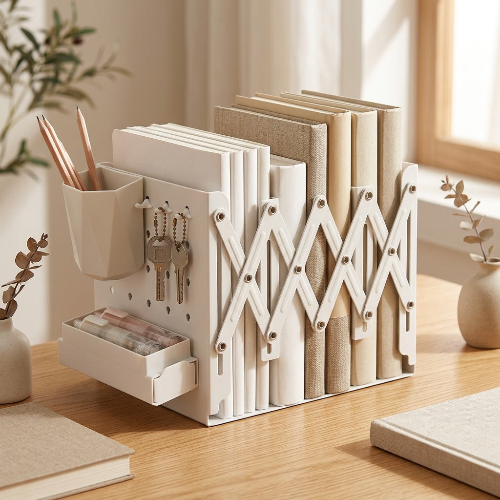 Shelfreach™ Telescopic Desktop Bookshelf Rack, styled close view