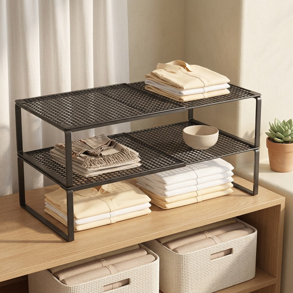 Extendrack™ Extendable Iron Storage Rack in a calm home setting