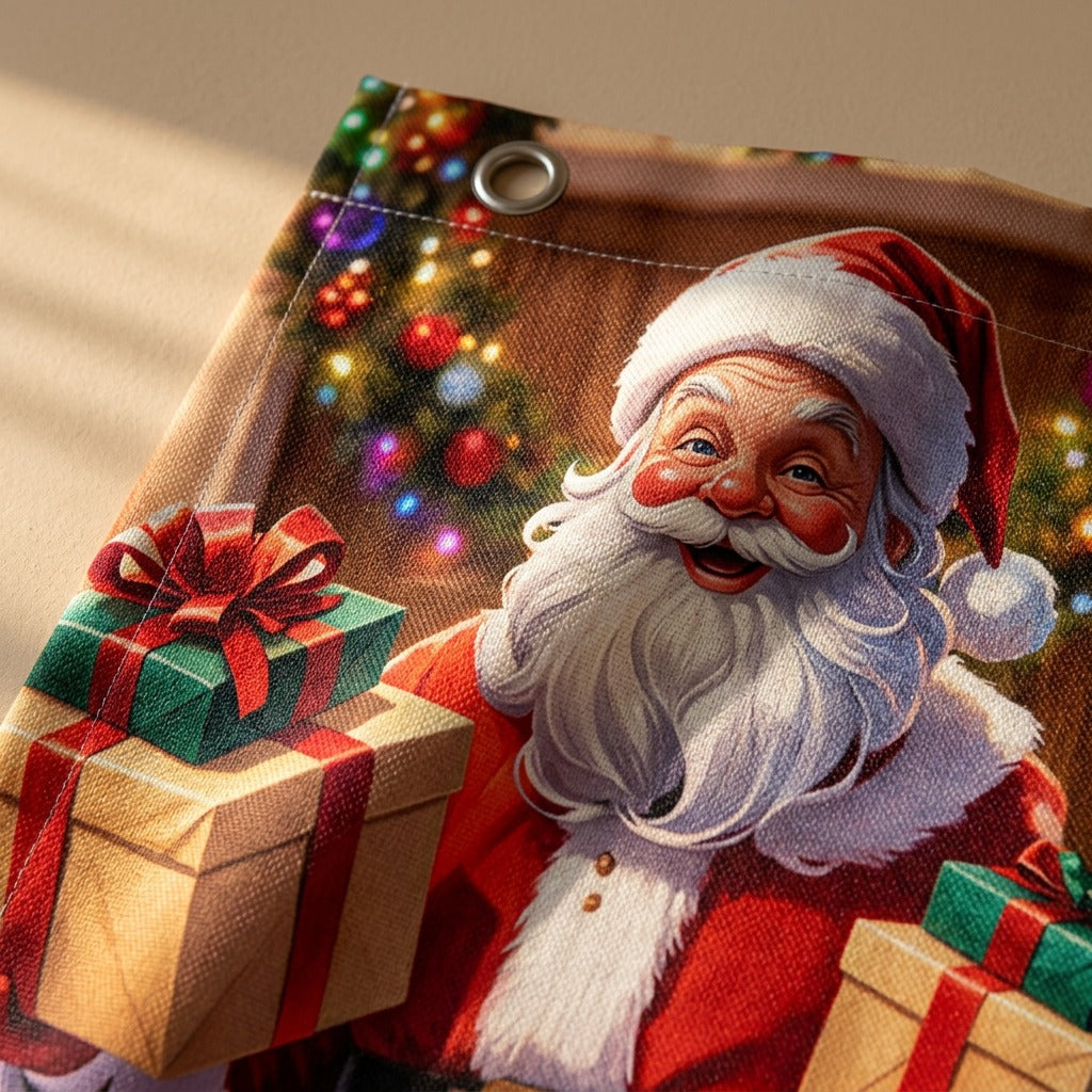 Doorcheer™ Christmas Santa Claus Door Curtain, material and detail close-up