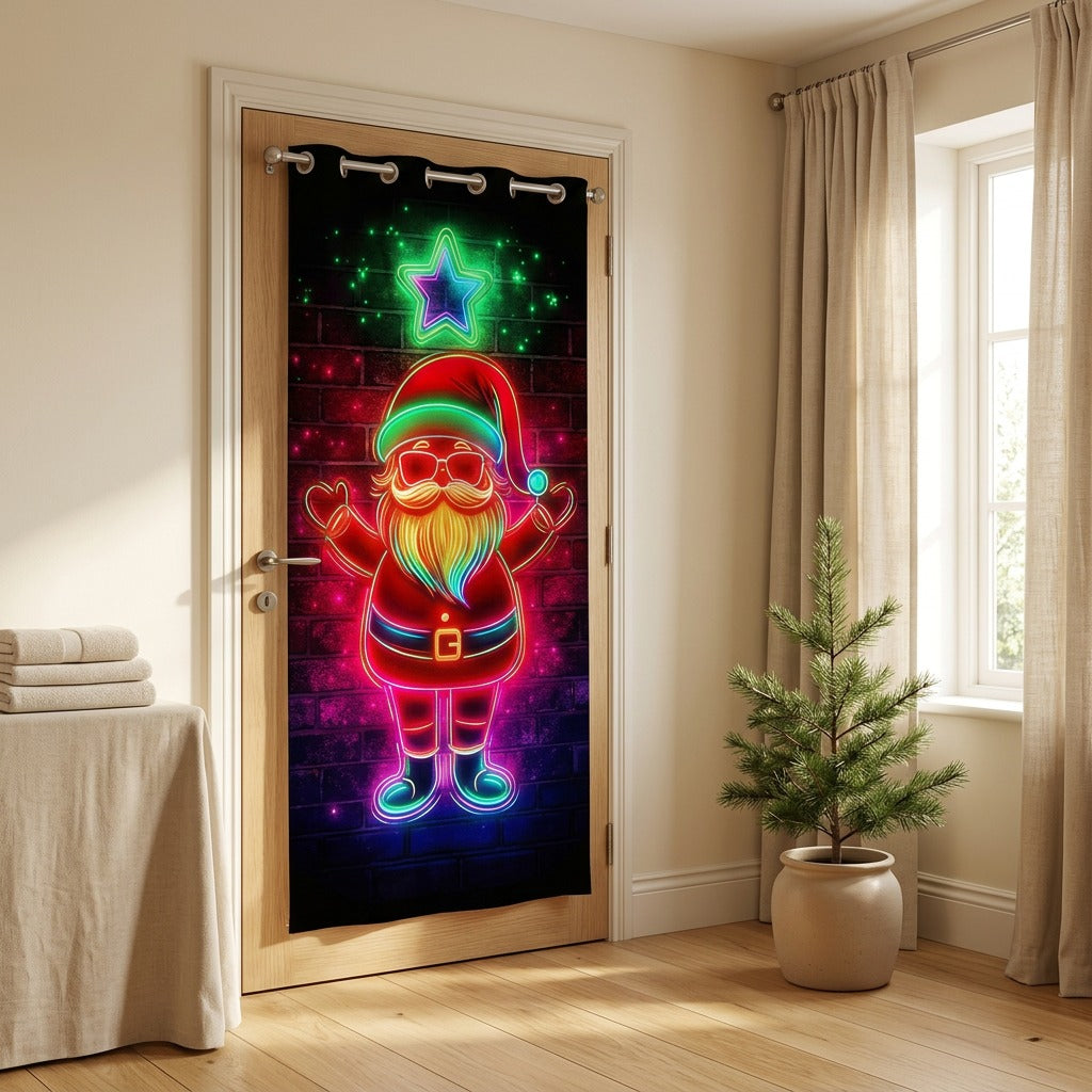 Doorcheer™ Christmas Santa Claus Door Curtain in a calm home setting