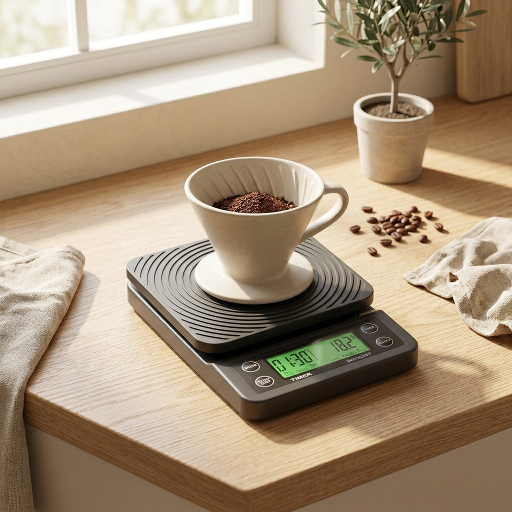 Beanweigh™ Battery-Powered Electronic Coffee Scale in a calm home setting