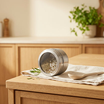 Steelseason™ Magnetic Stainless Steel Seasoning Jar in a calm home setting