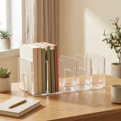 Bookease™ Plastic Desktop Book Stand in a calm home setting