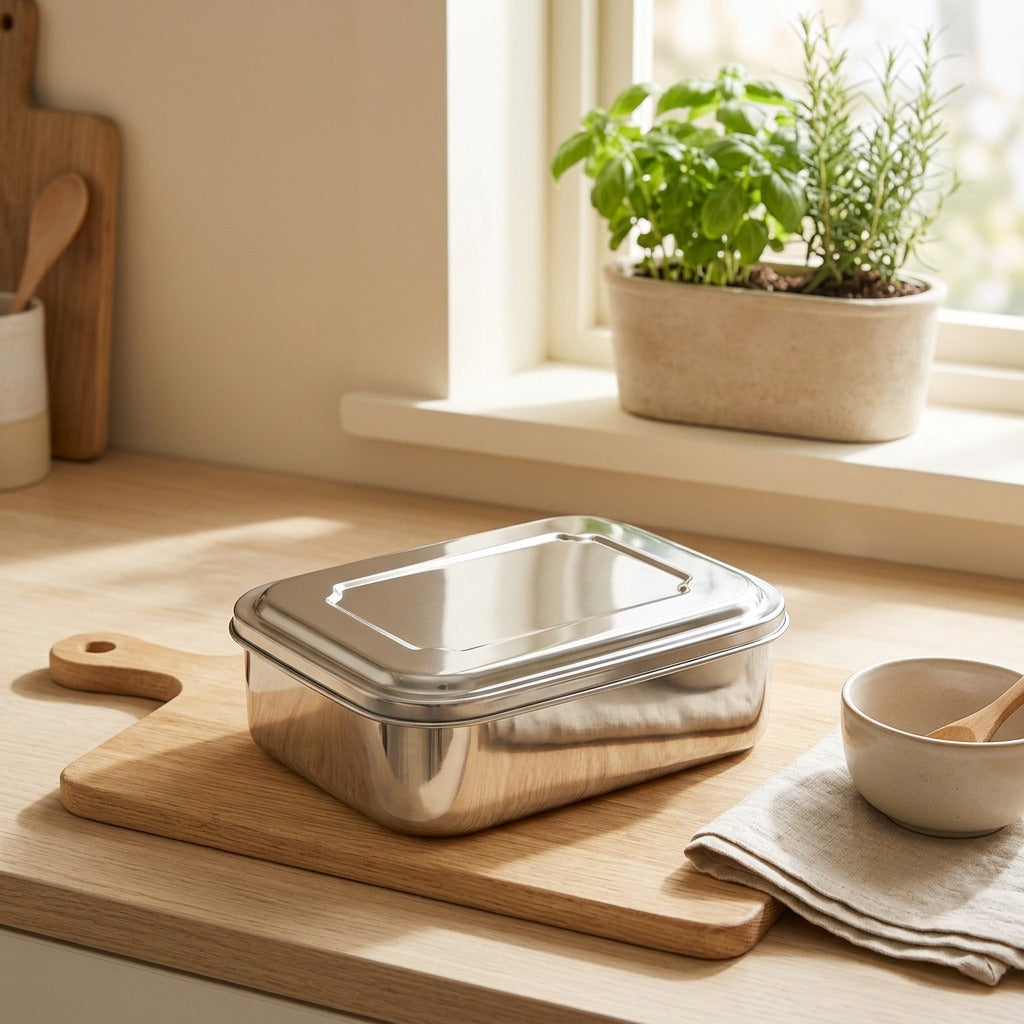 Mealtray™ Rectangular Stainless Steel Lunch Box in a calm home setting