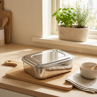 Mealtray™ Rectangular Stainless Steel Lunch Box in a calm home setting