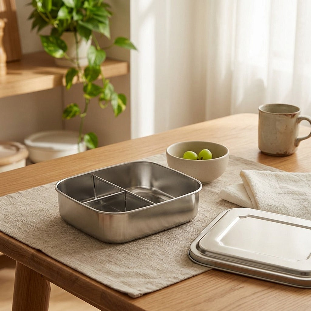 Mealtray™ Rectangular Stainless Steel Lunch Box, styled close view