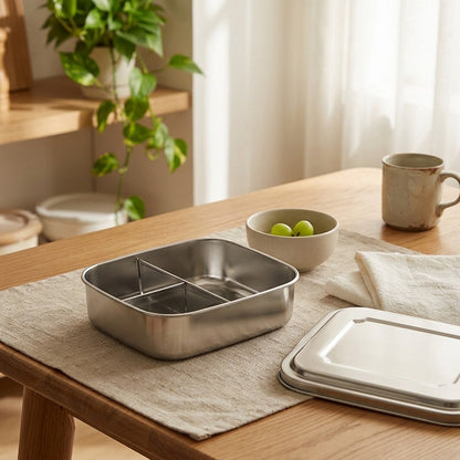 Mealtray™ Rectangular Stainless Steel Lunch Box, styled close view
