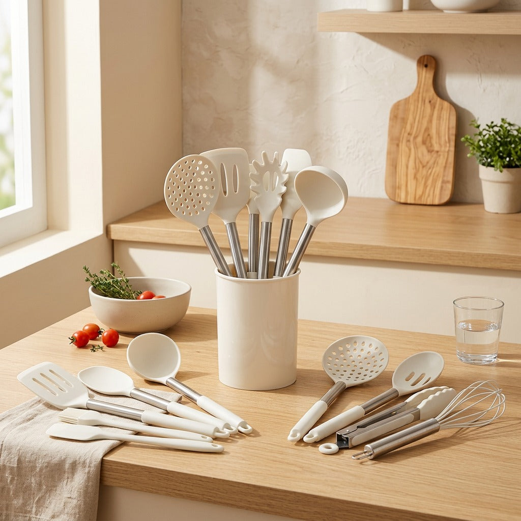 Silicraft™ 15-Piece Silicone Kitchen Utensil Set in a calm home setting