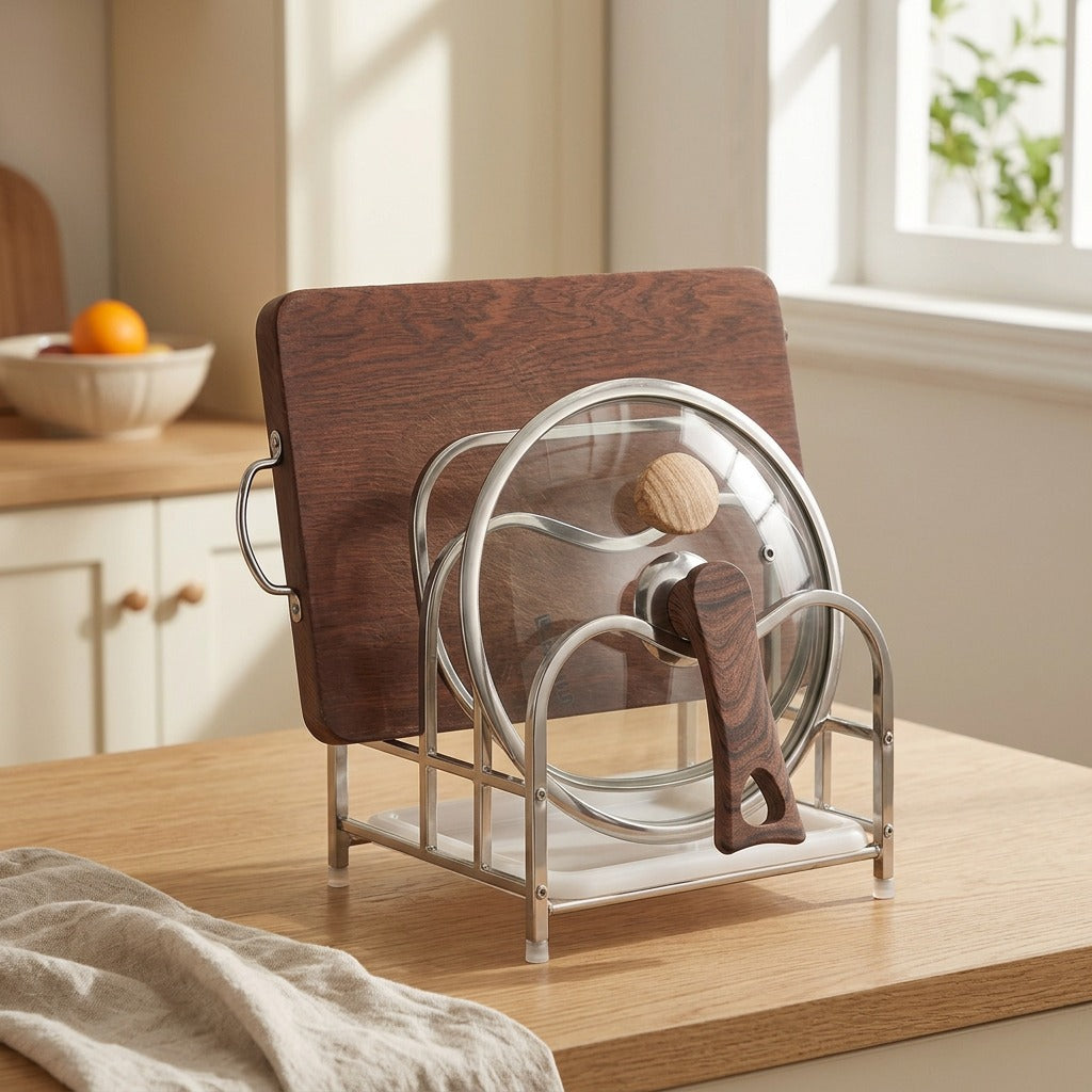Boardstand™ Stainless Steel Cutting Board Rack, styled close view