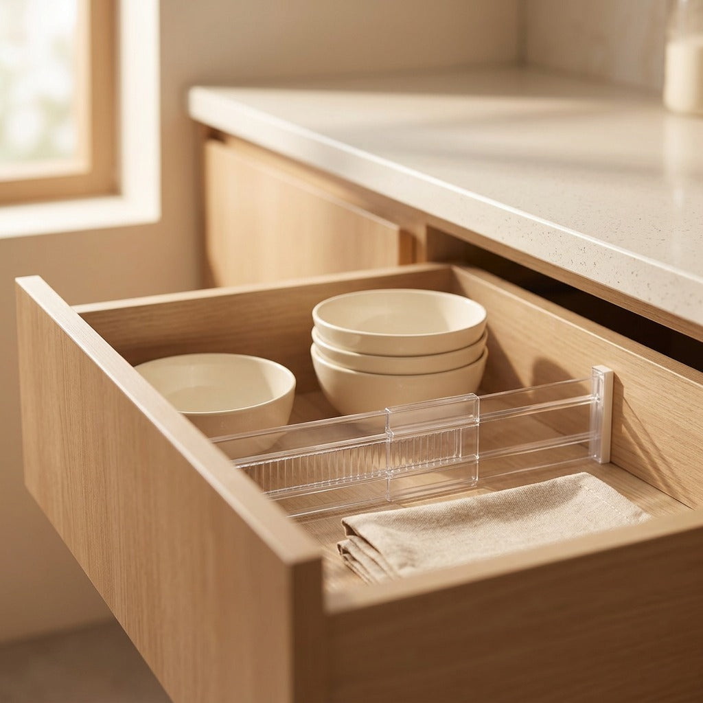 Drawerspan™ Telescopic Drawer Divider Organizer, styled close view