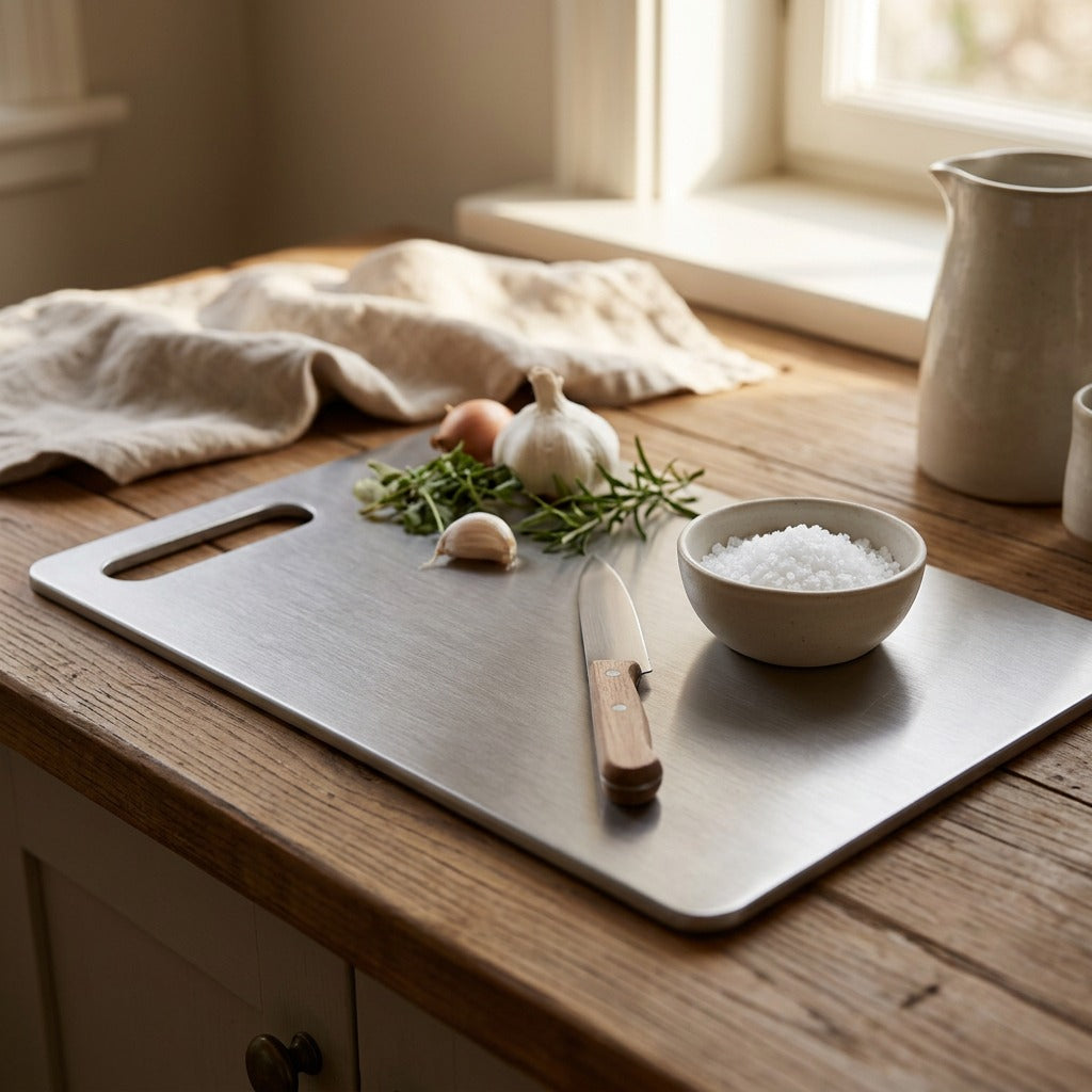 Chopplate™ Stainless Steel Cutting Board, styled close view