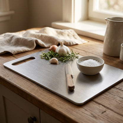 Chopplate™ Stainless Steel Cutting Board, styled close view