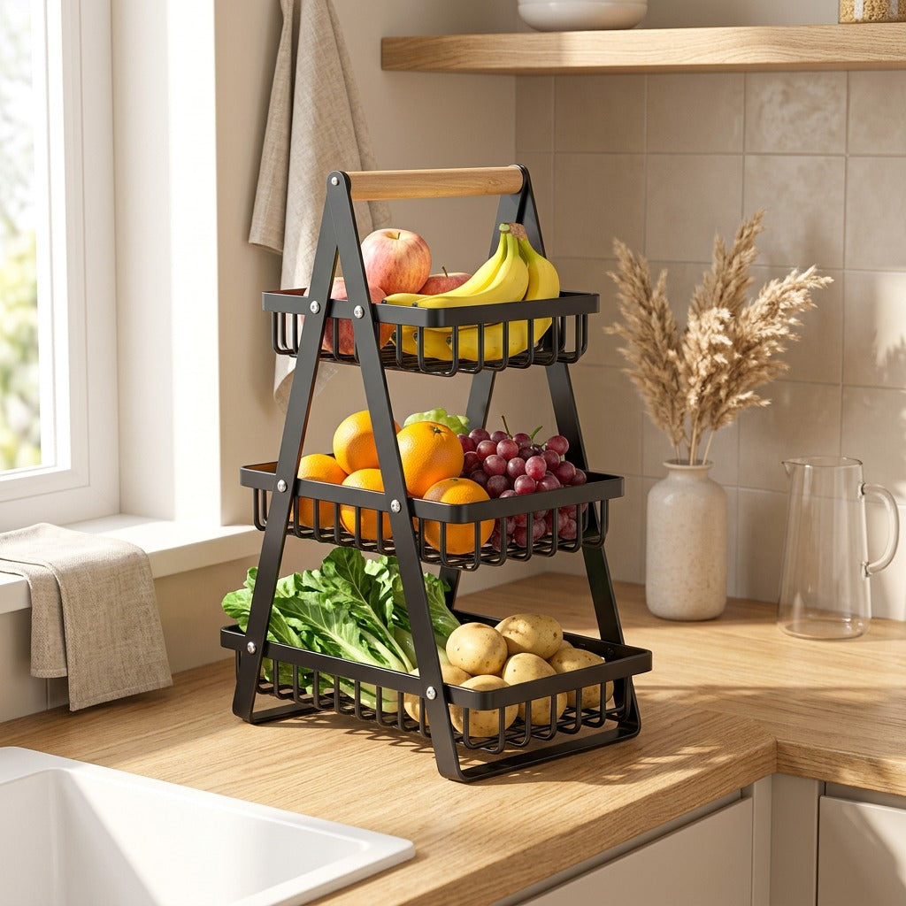 Fruitforge™ Wrought Iron Fruit Basket Rack in a calm home setting