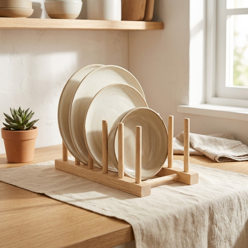 Dishdrip™ Wooden Dish Rack For Plates And Bowls in a calm home setting