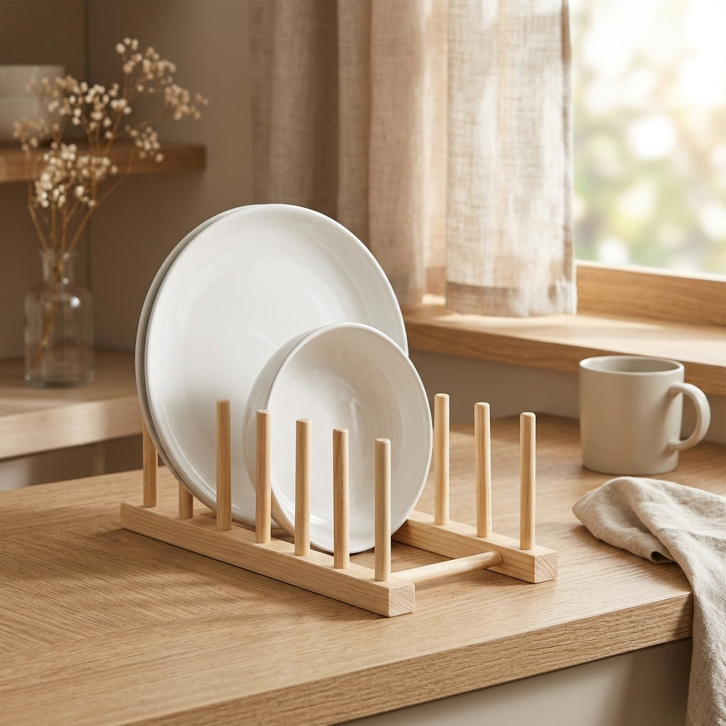 Dishdrip™ Wooden Dish Rack For Plates And Bowls, styled close view