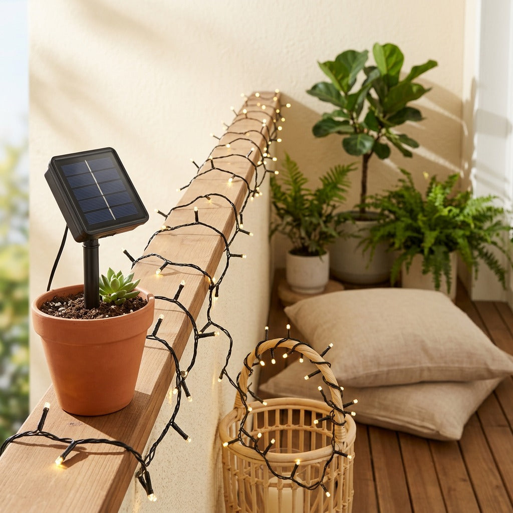 Stringgleam™ Solar Outdoor String Lights in a calm home setting