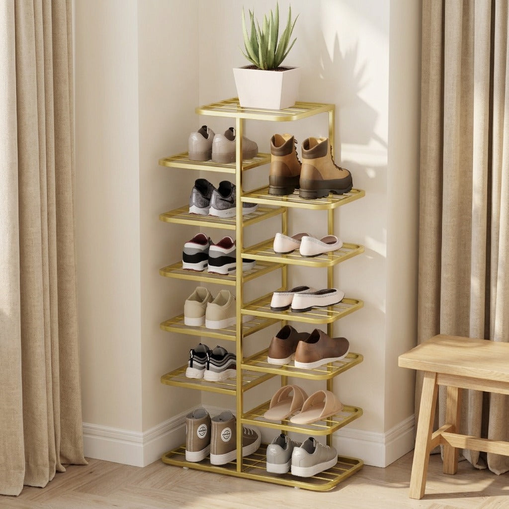 Shoestep™ Metal Staggered Shoe Rack in a calm home setting