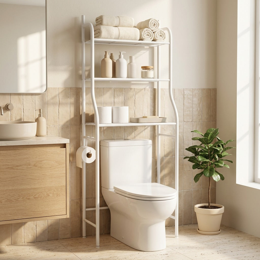 Bathrack™ Floor-Standing Toilet Storage Rack in a calm home setting