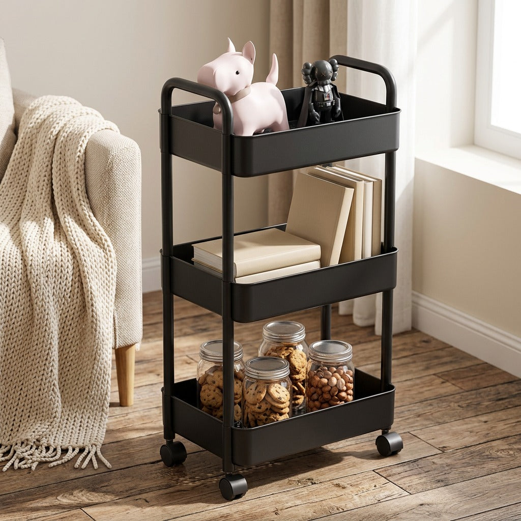 Cartstow™ Plastic Storage Rack Trolley, styled close view