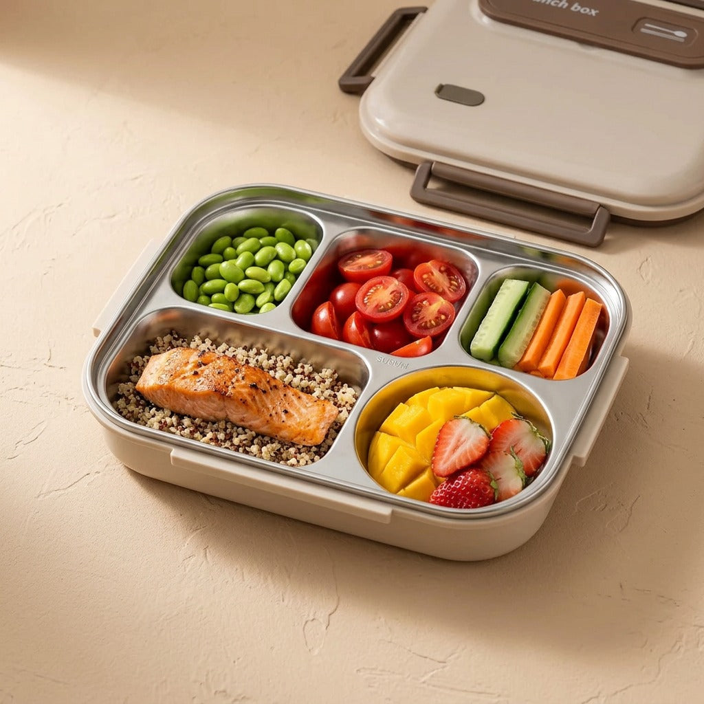 Portionnest™ 304 Stainless Steel Five-Compartment Lunch Box, material and detail close-up