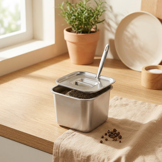 Herbhold™ Stainless Steel Seasoning Jar in a calm home setting