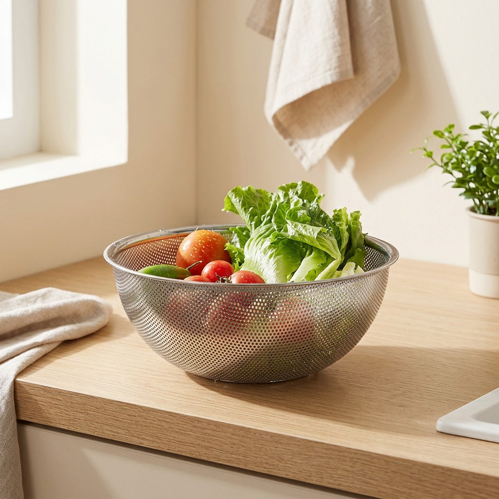 Rinswell™ Stainless Steel Vegetable Washing Basket in a calm home setting