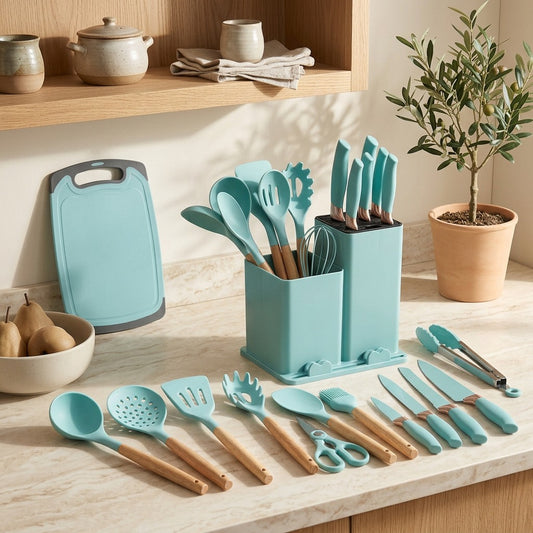Utensilo™ 19-Piece Silicone Kitchen Utensil Set in a calm home setting