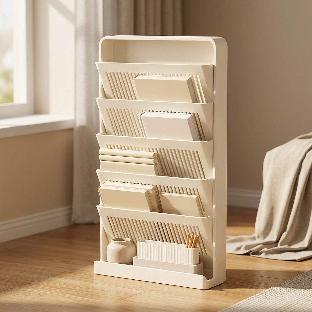 Bookgrove™ Plastic Floor-Standing Bookshelf, styled close view