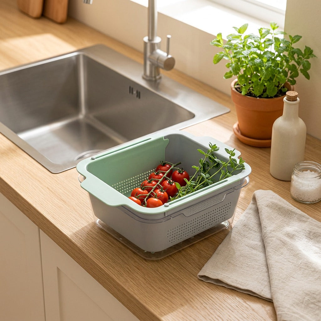 Rinsquare™ Square Plastic Vegetable Washing Basket in a calm home setting