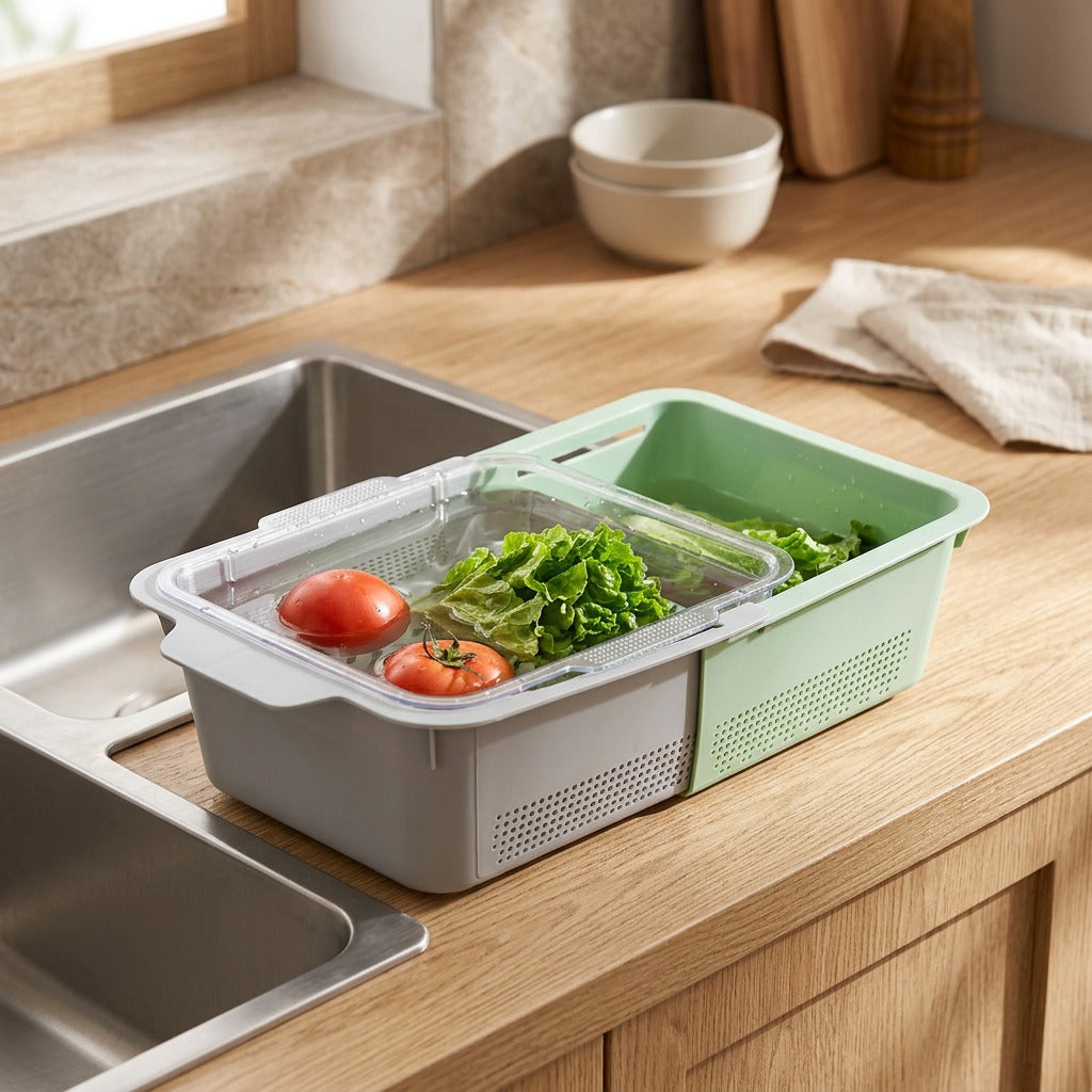 Rinsquare™ Square Plastic Vegetable Washing Basket, styled close view