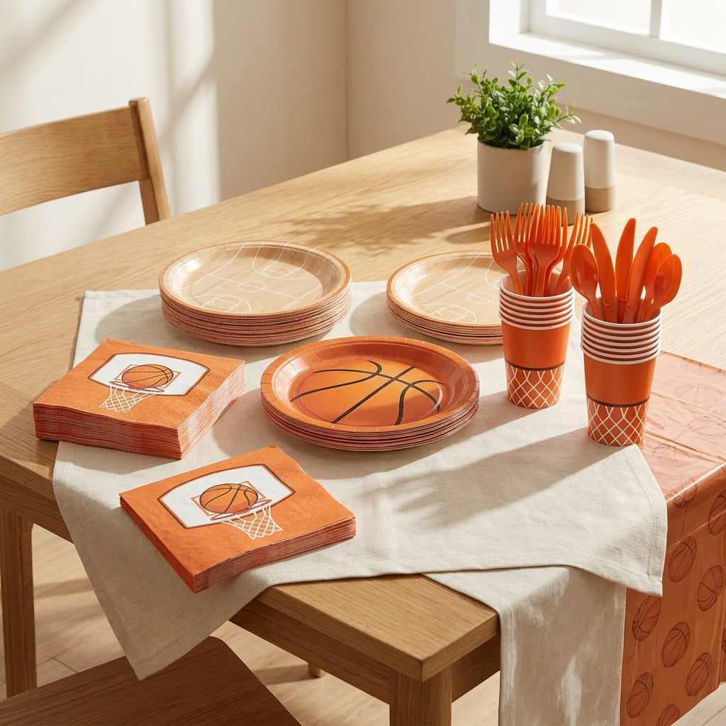 Hoopcheer™ Basketball Party Paper Plates And Tableware in a calm home setting