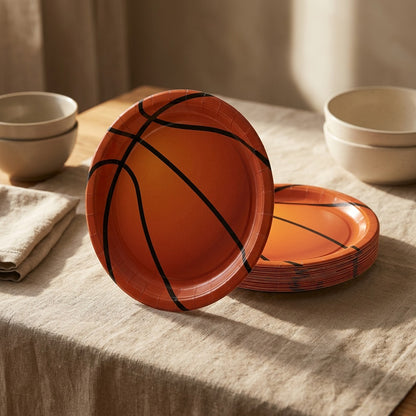 Hoopcheer™ Basketball Party Paper Plates And Tableware, styled close view