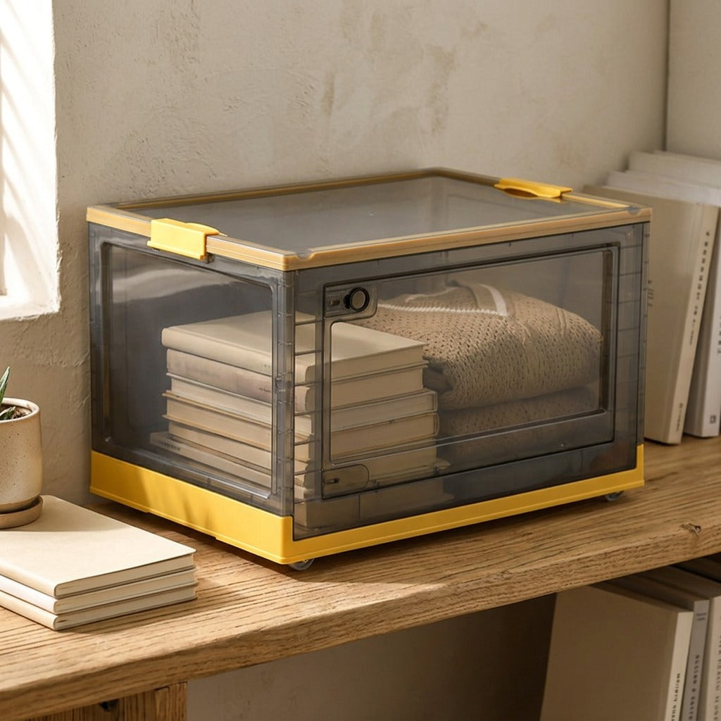 Rollbox™ Plastic Book Storage Box With Wheels, styled close view