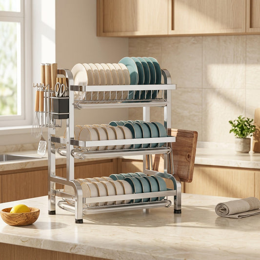 Rackdrain™ Stainless Steel Dish Rack in a calm home setting