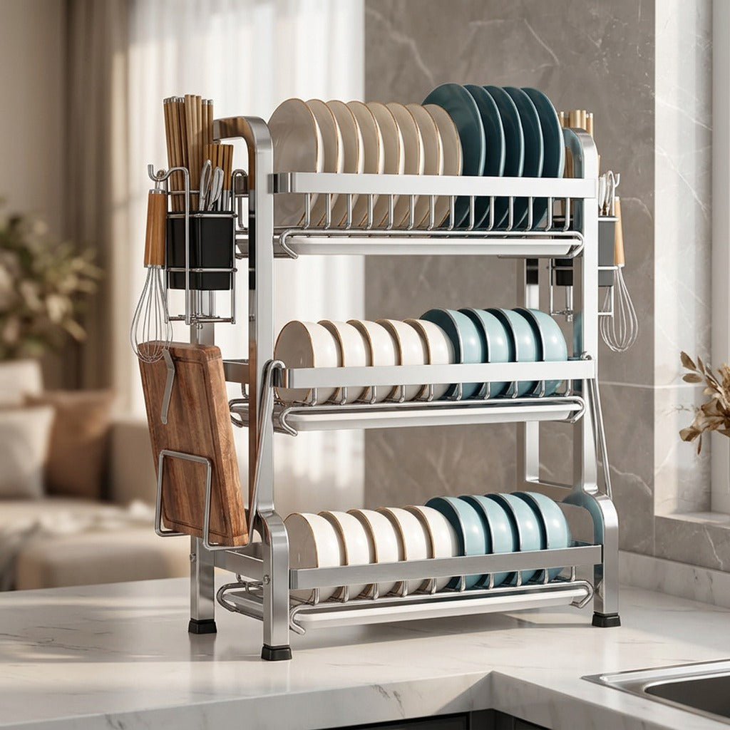 Rackdrain™ Stainless Steel Dish Rack, styled close view