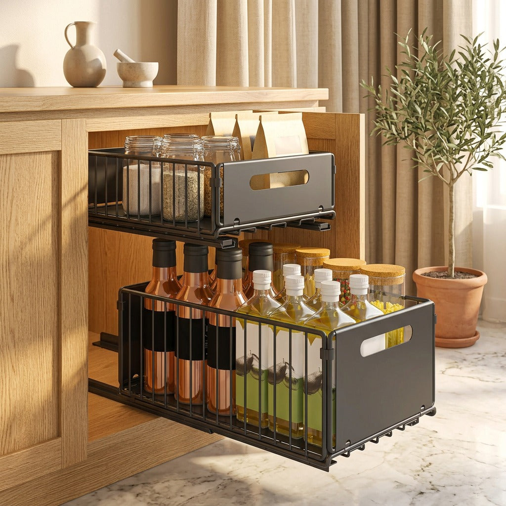 Rackslide™ Iron Pull-Out Kitchen Storage Rack in a calm home setting