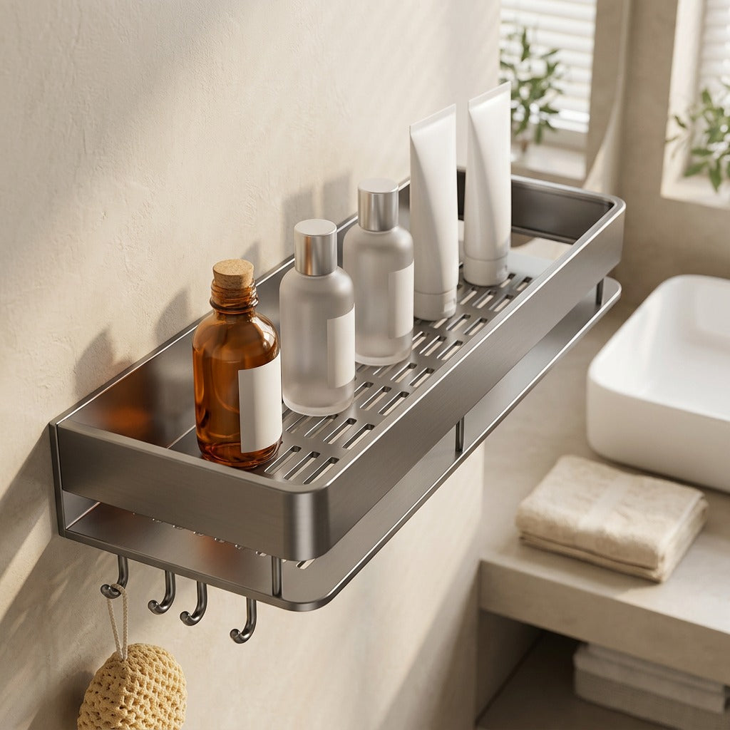 Steelstore™ Carbon Steel Bathroom Storage Rack, styled close view
