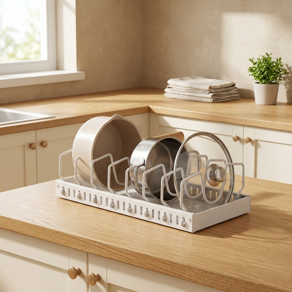 Potglide™ Carbon Steel Pull-Out Pot Rack in a calm home setting