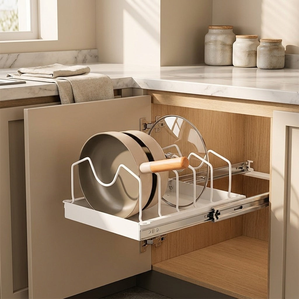 Potglide™ Carbon Steel Pull-Out Pot Rack, styled close view