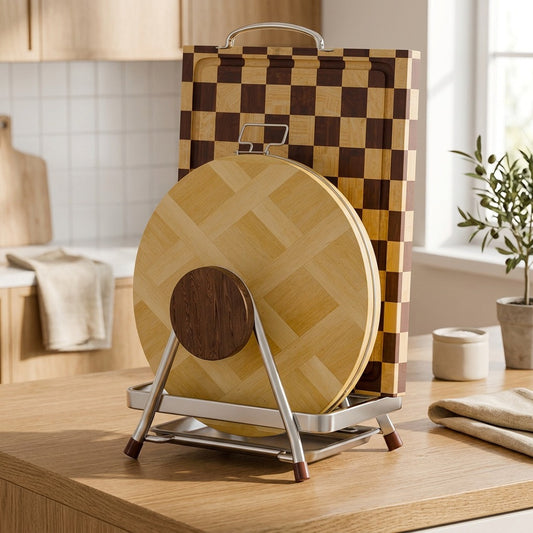 Boardnest™ Stainless Steel Cutting Board Rack in a calm home setting
